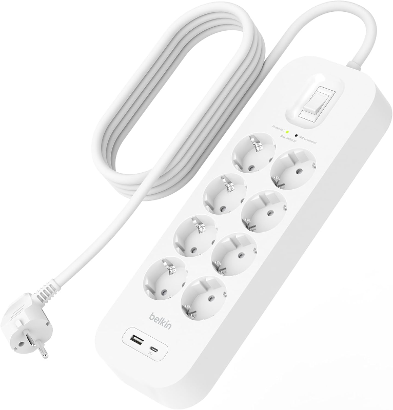Мережевий фільтр Belkin 8хТип F, USB-A/USB-C (SRB003VF2M)